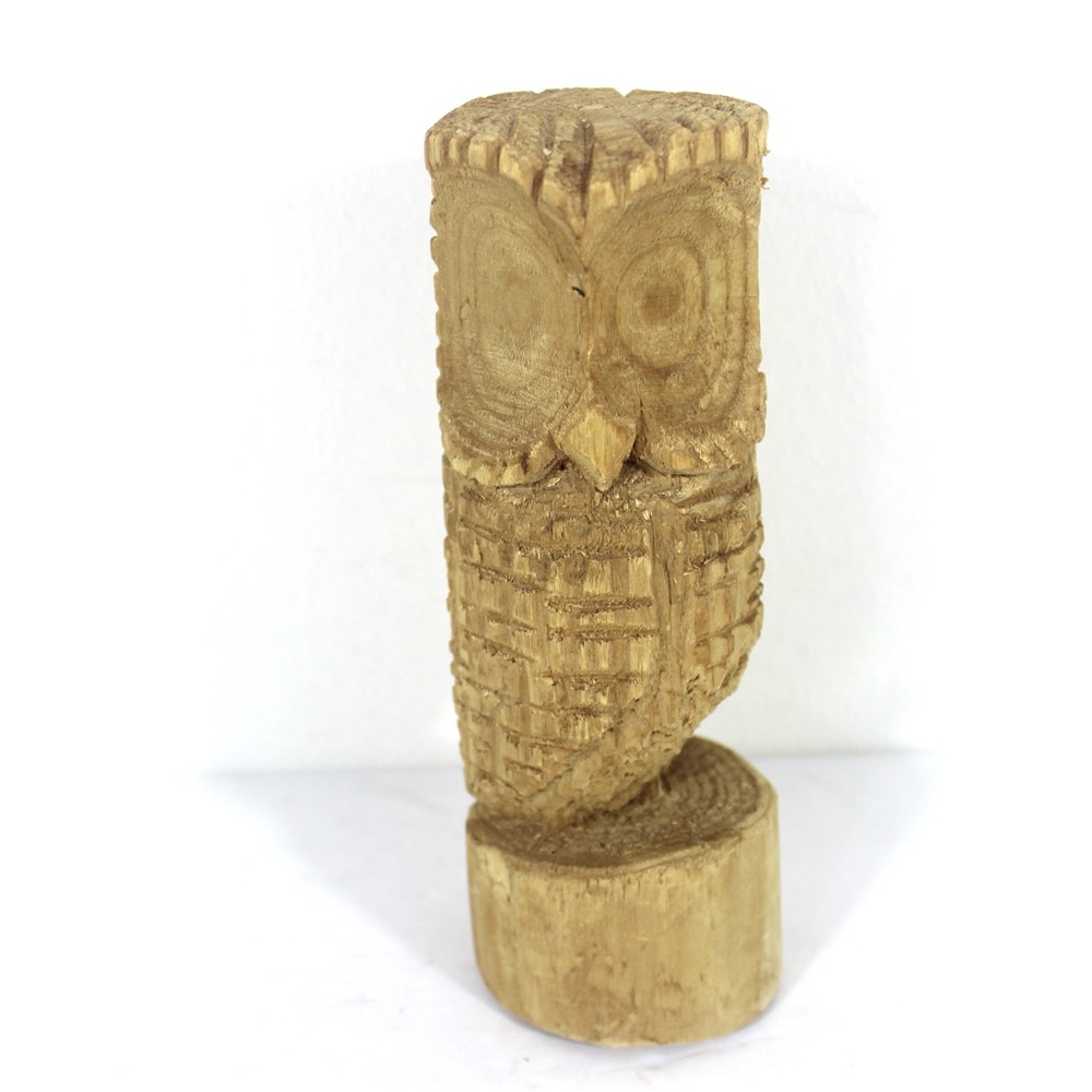 Vintage Hand Carved Wood Owl Canadian Folk Art, Handmade, Rustic Natural Style